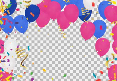 Arka planda pembe mavi beyaz balonlu çocuklar partisi