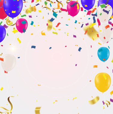 Balonların doğum günü. Mutlu yıldönümü kutlamaları. Lüks parti. Çok çeşitli renkte balon afişleri. 