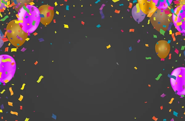 Щасливий Шаблон Листівки Повітряними Кулями Фіолетовий Помаранчевий Стрічка Векторна Ілюстрація — стоковий вектор