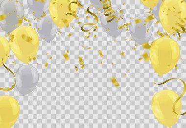 Altın Konfeti Düşüşü ve Parıldayan Parçacıkları ile Mutlu Yıllar, Renkli Uçan Balonlar Selamlama İçin Kusursuz Döngüsüz Döngü Animasyonu, Davetiye Kartı, Parti, Kutlama, Parlak Kurdele Posteri. Çok renkli Yıldönümü İllüstrasyonu.