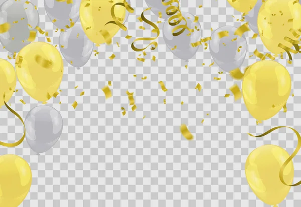 Happy Birthday Text Golden Confetti Falling Glitter Particles Colorful Flying — Stockvector