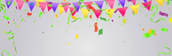 Happy Birthday Text Golden Confetti Falling Glitter Particles Colorful Flying — Vettoriale Stock