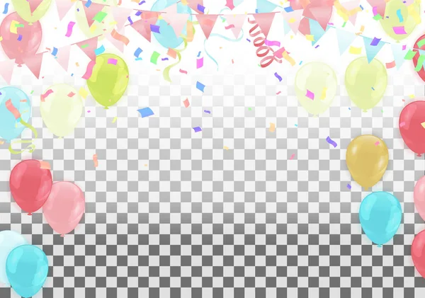 Balloons Variety Colors Vector Illustration Colored Confetti Garlands Streamers Background — Stok Vektör