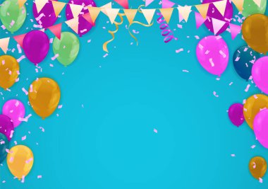 Parti veya karnaval kullanımı için arka planda renkli konfetilerin, çelenklerin ve flamaların çeşitli renk renk vektör illüstrasyonları, Elements Fun Card