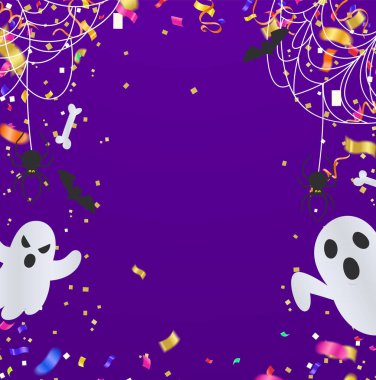 Cadılar Bayramı bayrağınız kutlu olsun ya da gece vektörü illüstrasyonlu parti davetiyesi. Örümcek ağı ve uçan yarasalar. Metin için yer