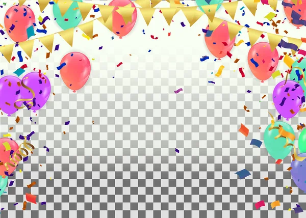 Balloons Variety Colors Vector Illustration Colored Confetti Garlands Streamers Background — Vector de stock