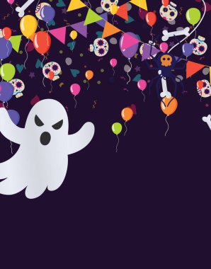 Cadılar Bayramı bayrağınız kutlu olsun ya da gece vektörü illüstrasyonlu parti davetiyesi. Örümcek ağı ve uçan yarasalar. Metin için yer