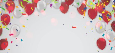 Kırmızı balonlu, beyaz ve konfetili büyük açılış töreni, Perakende, Alışveriş veya Kara Cuma tanıtımı için