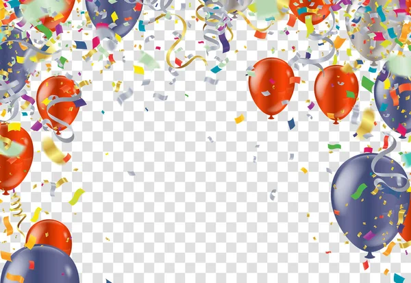Grand Opening Card Design Balloons Ribbon Confetti Multicolored Anniversary Illustration — Vetor de Stock