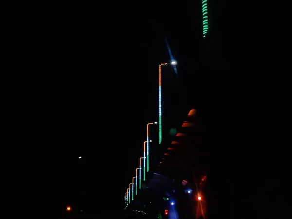 Distant Shot Street Lights Illuminated Saffron White Green — Stock Photo, Image