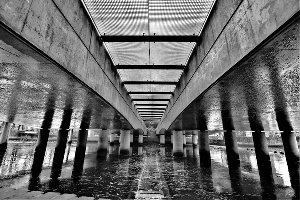 Black White Picture Abstract Concrete Pillars Railway Bridge Center Amersfoort — Fotografia de Stock