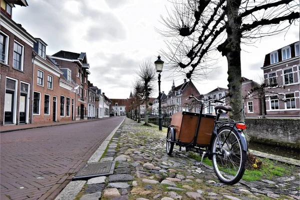 Rue historique avec vieilles maisons et vélo cargo garé contre un arbre couleurs d'hiver pastel doux — Photo