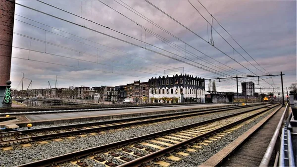 Wide Angle Cityscape Railway Power Lines Historical Houses Clouds Sky —  Fotos de Stock