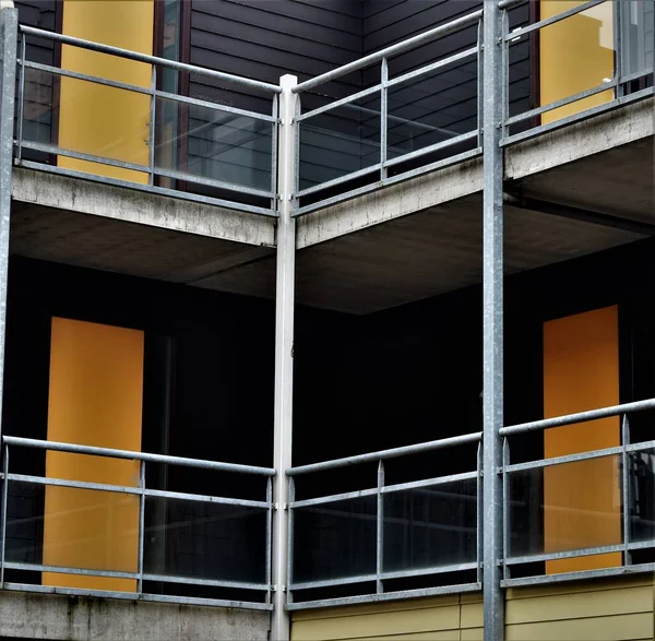 Abstract Image Form Detail Apartment Building Yellow Doors Steel Fence — Fotografia de Stock