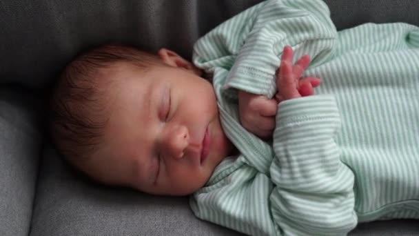 Bebé sueño recién nacido sueño, niña durmiendo en la silla cara y las manos de cerca — Vídeos de Stock