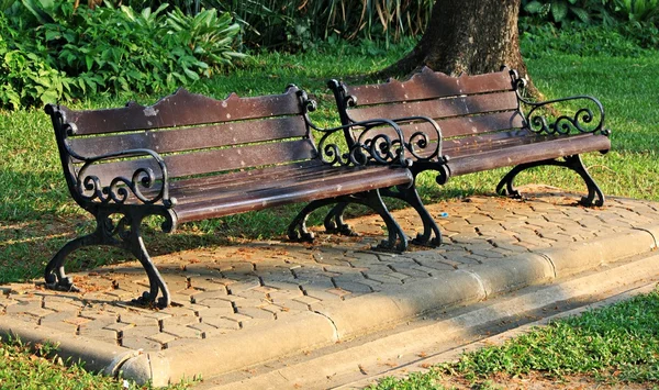 Bänk under trädet i trädgården — Stockfoto