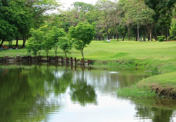 Bangkok City Park árvores coloridas com reflexão e pessoas no gramado . — Fotografia de Stock