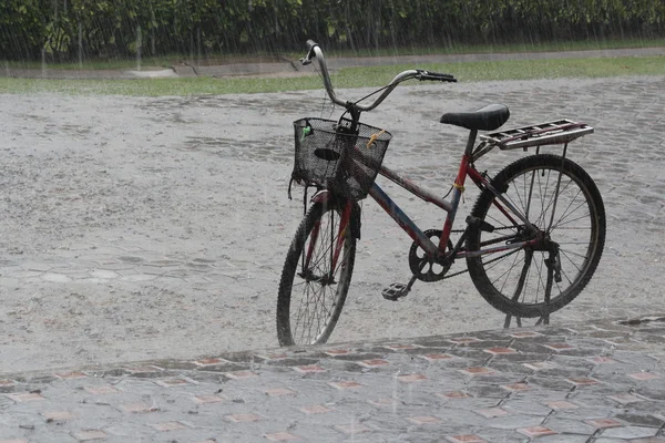 Bicicleta velha na rua na chuva torrencial — Fotografia de Stock
