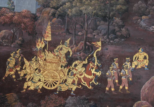 BANGKOK - 27 LUGLIO: Pittura murale tailandese nel santuario Wat Phra Kaew il 27 LUGLIO 2014 Bangkok Thailandia — Foto Stock