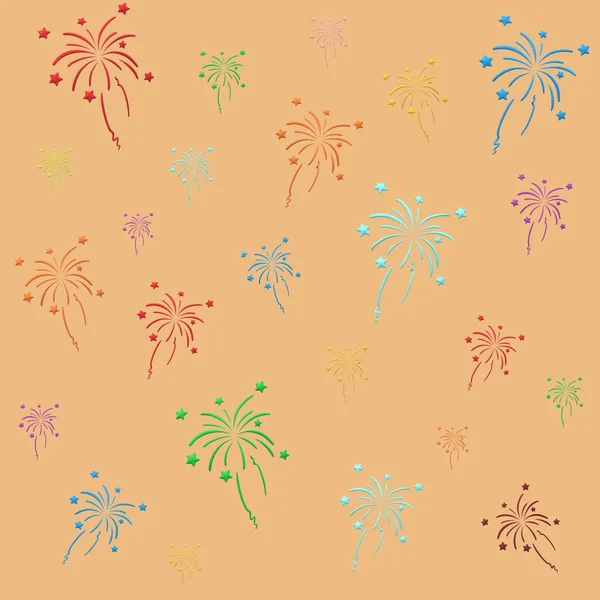 Üç boyutlu illüstrasyon. Turuncu arka planda çeşitli boyutlarda renkli havai fişekler. Şenlik düzeni. Kağıt tasarımı paketleniyor.