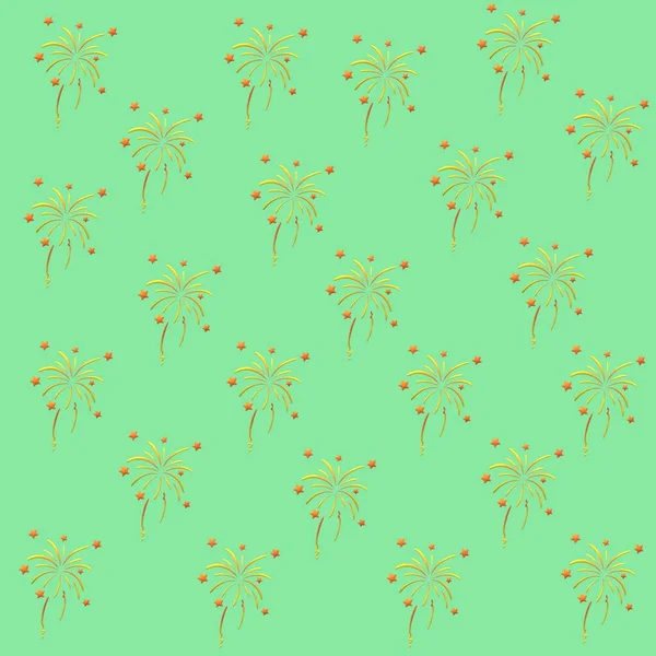 Üç boyutlu illüstrasyon. Yeşil arka planda turuncu sarı havai fişekler. Şenlik düzeni. Paketleme ya da hediye kağıdı tasarımı.