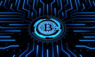 Ağ üzerinde kara arkaplanda çizgileri olan bitcoin madenciliği kavramı.