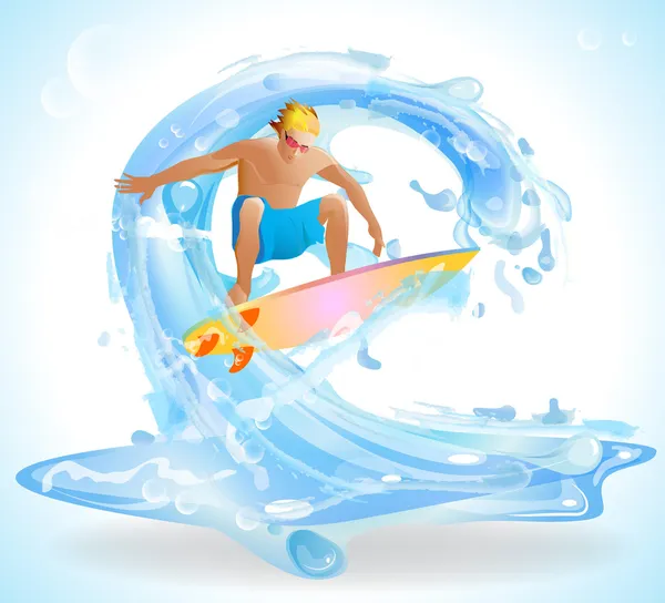 Illustration des Surfers, der eine große Welle reitet — Stockvektor