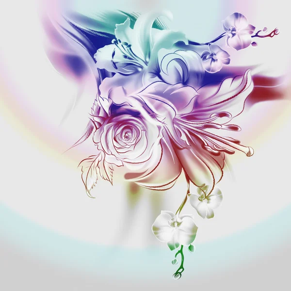 kurşun kalem ve suluboya eski kağıt üzerine çizilmiş çiçekler. güller, zambaklar ve orkide. zarif Vintage tarzı. ince düz çizgiler. tebrik kartı şablonu. serbest el çiziminin. varicolored radyal gradyan