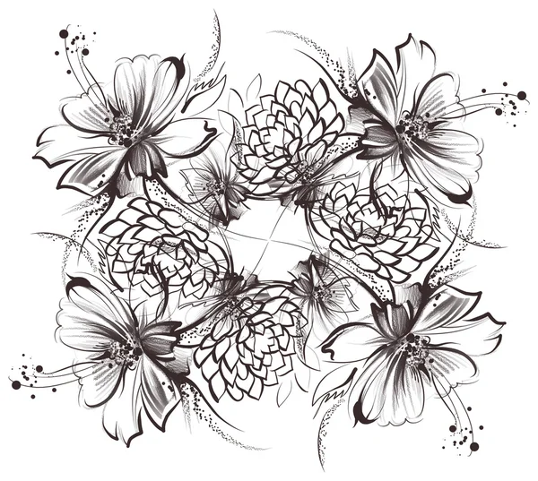 Blommor, ritning med enkel penna och kol på gamla vitt papper — Stockfoto