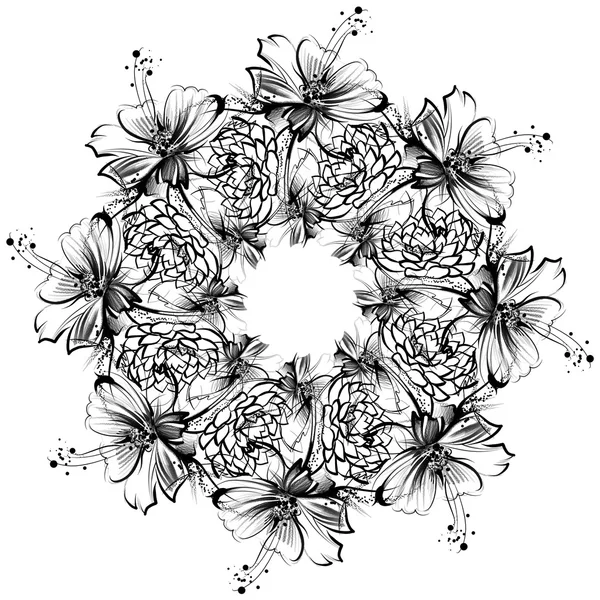 Fleurs, dessin au crayon simple et charbon sur vieux papier blanc — Photo