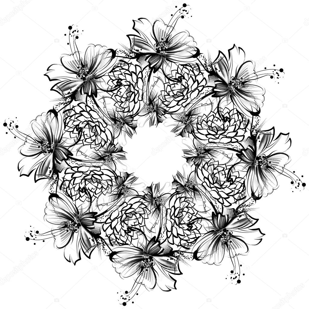 Flores, desenho com lápis simples e carvão sobre papel branco velho  Ilustração de ©allween #46151203, image size:1024x1024