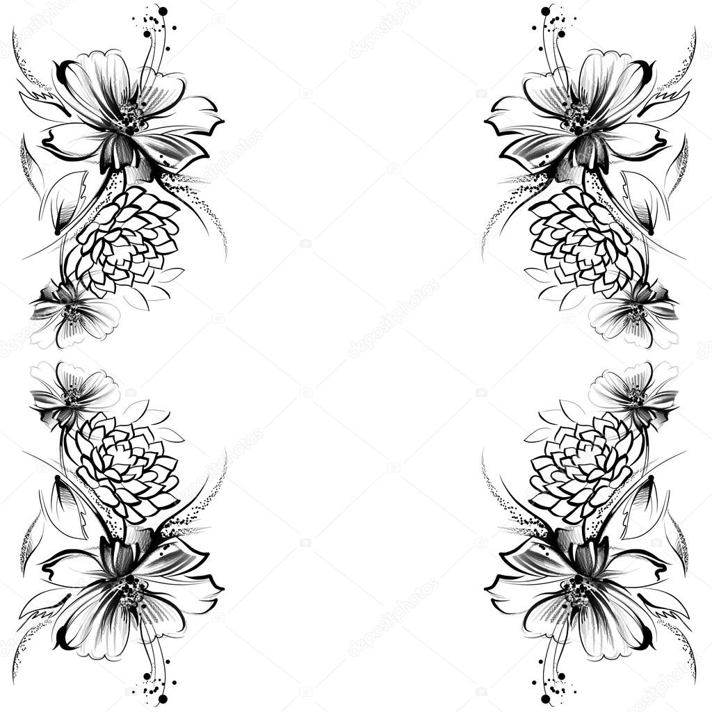 Flores, desenho com lápis simples e carvão sobre papel branco velho  Ilustração de ©allween #46151265, image size:1024x1024