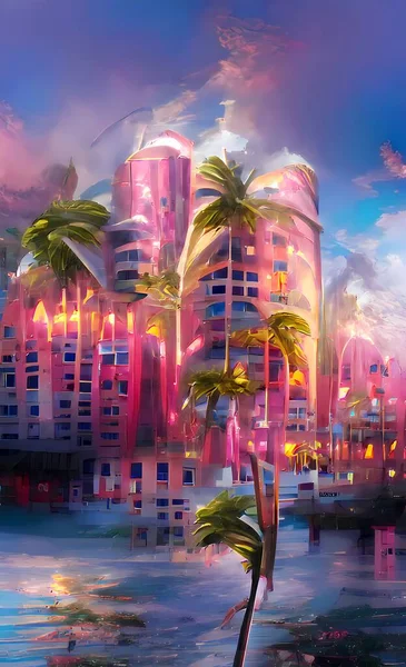 Oil painting illustration of modern pink building illuminated neon light with palm trees, near river with reflections of evening city of miami beach. retrofuturizim
