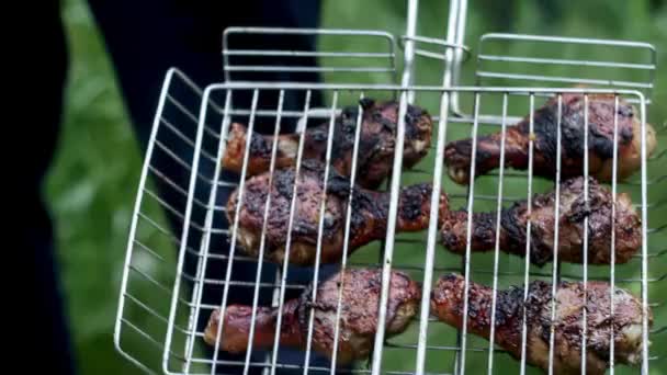 Pernas Frango Fritas Grade Para Grelhar Fundo Grama Verde Luz — Vídeo de Stock