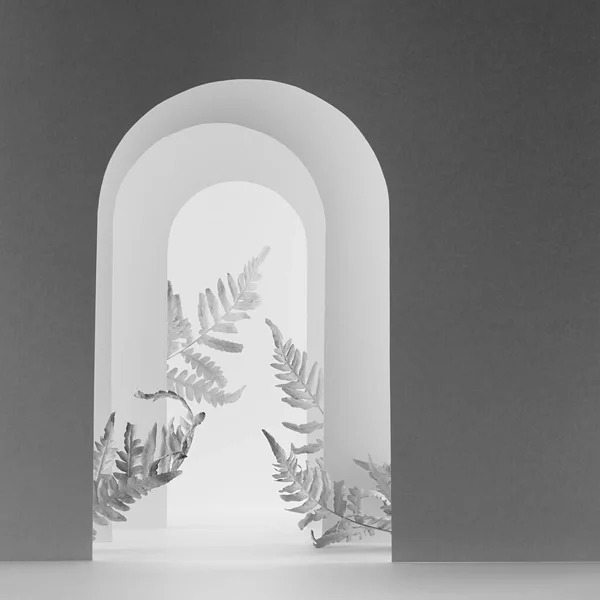 Abstrakte Weiße Und Graue Bühnenattrappe Mit Kontrastbögen Als Tor Garten — Stockfoto