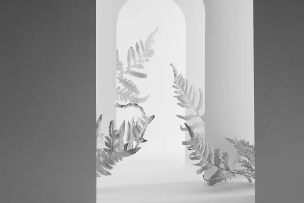 Template Szene Mit Weißen Und Dunkelgrauen Silhouettenbögen Schatten Perspektive Blätterfarn — Stockfoto
