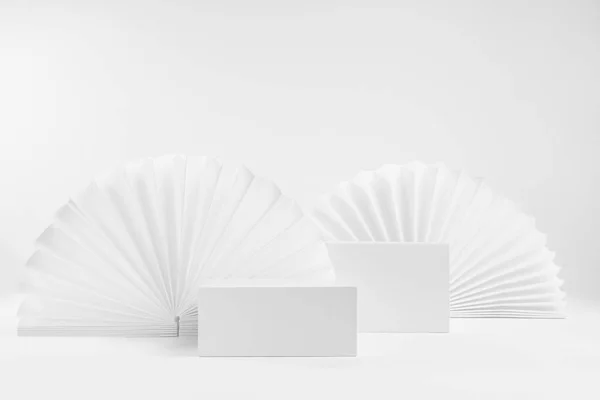 Μακιγιάζ Λευκής Σκηνής Δύο Ορθογώνια Podiums Κουτί Για Παρουσίαση Εμφάνιση — Φωτογραφία Αρχείου