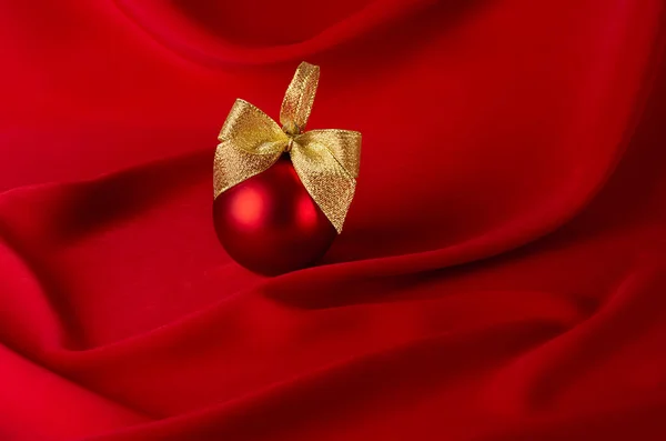 Bright Festive New Year Background Red Glossy Ball Gold Ribbons — Stock Photo, Image