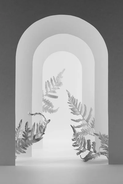 Scene Mockup White Grey Fashion Decorative Frames Arches Fern Leaves — Stockfoto