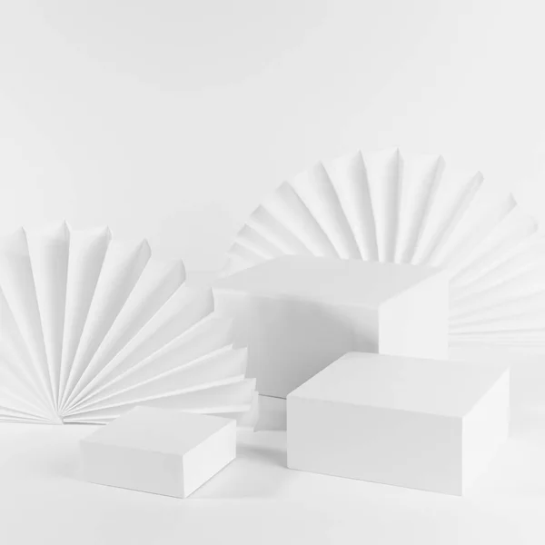 Λευκό Αφηρημένο Στάδιο Mockup Τρία Διαφορετικά Μεγέθη Ορθογώνιο Podiums Για — Φωτογραφία Αρχείου
