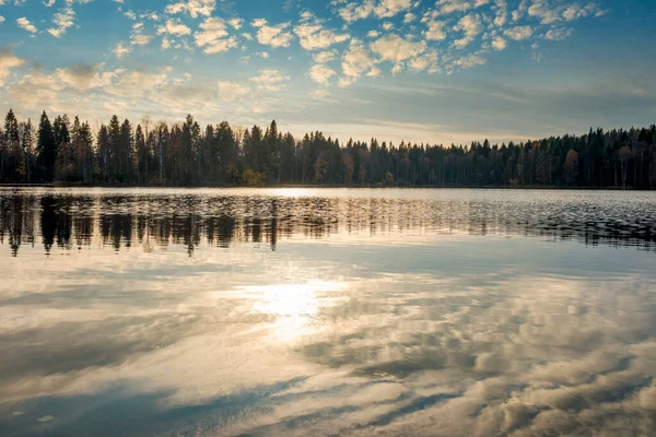 Осенний Пейзаж Осеннего Леса Отражается Озере Голубым Вечерним Небом Облаками — стоковое фото