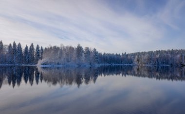İlk karla kaplı bir orman, gölde yansıyan bir yansıma, bulutlu mavi bir gökyüzünün arka planında. Boşluğu kopyala.