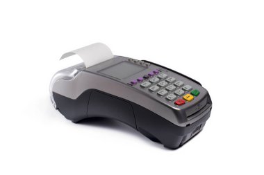 Kart alımları için banka terminali ve çekler için yüklü kağıtlarla NFC. Beyaz üzerine izole edilmiş. Boşluğu kopyala.