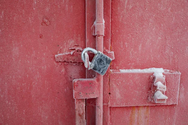 Close Doors Lock Red Metal Container Door Covered Frost Copy — Stock Photo, Image