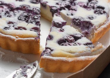 Üzerine pudra şekeri serpiştirilmiş yabanmersinli turta ve yanında uzanmak için mutfak bıçağı, doğum günü pastası, aile yemeği ve Noel konsepti..