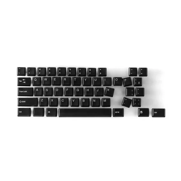 Metade Botões Teclado Pretos Aleatoriamente Jazem Fundo Branco Abstração Tecnologias — Fotografia de Stock