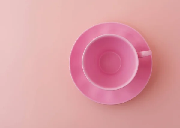 Пустая Розовая Чашка Розовая Тарелка Розовом Фоне Макет Плоский — стоковое фото