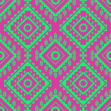 Geometrik etnik oryantal model geleneksel. Kalıp tasarımı yeşil yapraklar pürüzsüz etnik. Arkaplan, halı, duvar kağıdı, giysi, ambalaj, kumaş, vektör illüstrasyonu, nakış için kullan.