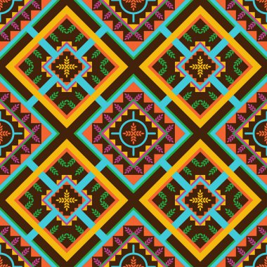 Geleneksel Geometrik etnik katolik oryantal desen. Tasarım karesi, üçgen ve daire kusursuz. Arkaplan, halı, duvar kağıdı, giysi, ambalaj, kumaş, vektör illüstrasyonu, nakış