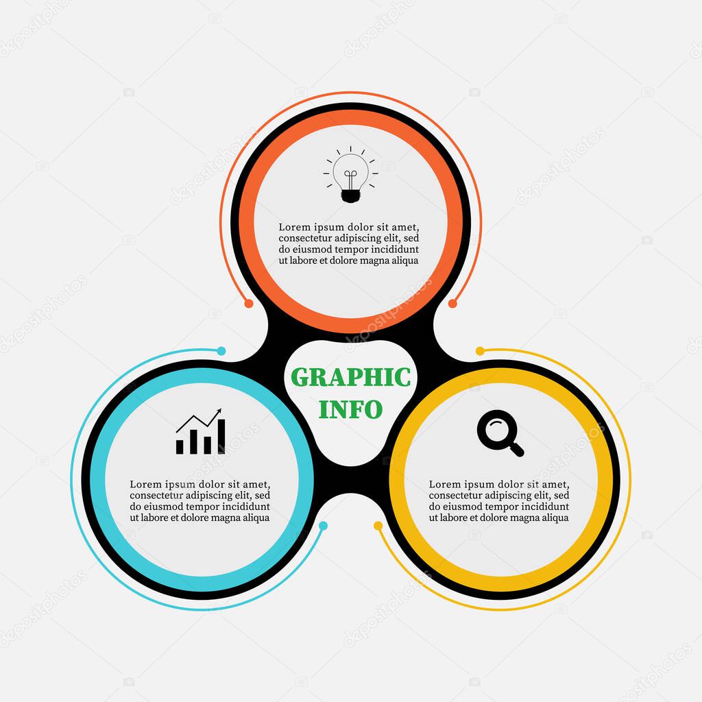 Timeline circle infographic design three elements. Present business concept with 3 steps, options, circles. Can be used for workflow layout, diagram, label, planning, annual report or presentation.	